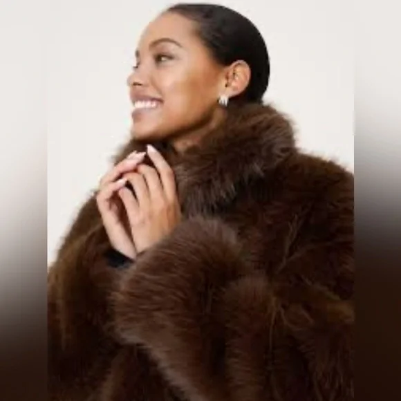 New $350 Banana Republic Faux Fur Long Brown Coat Jacket Small NWT - Picture 3 of 8